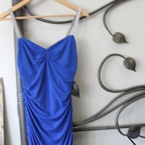 Royal blue gathered, rhinestone strapped dress.